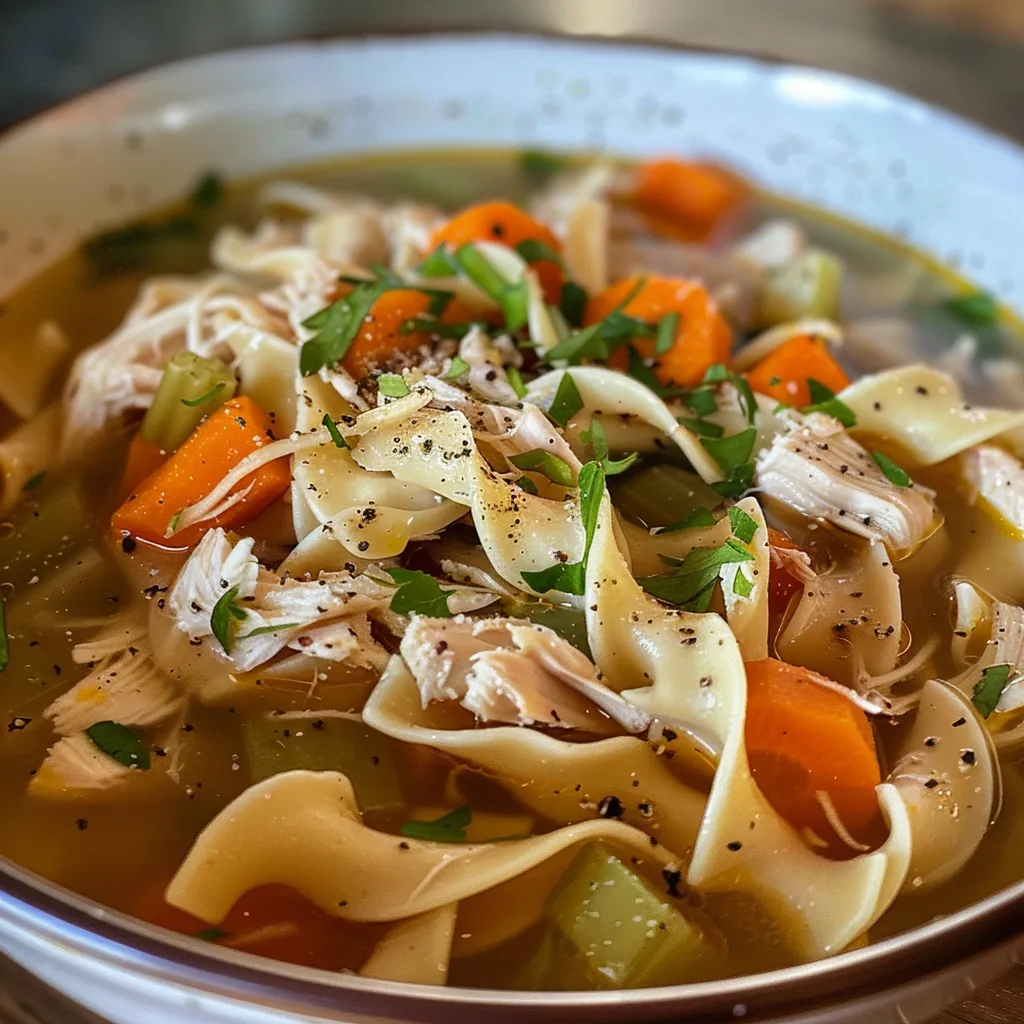 Side view of a steaming bowl of chicken noodle soup, featuring noodles, carrots, and herbs.