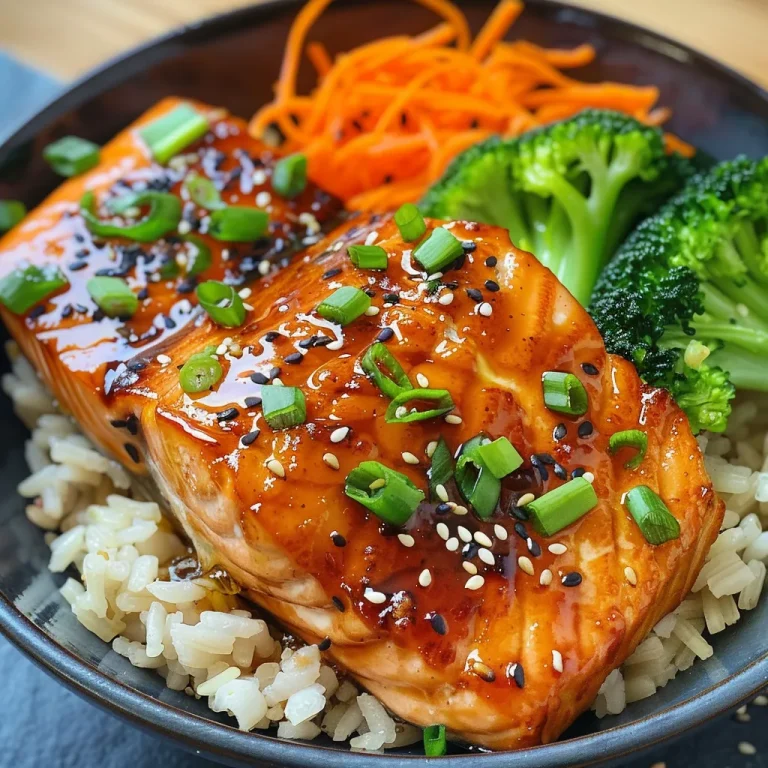 Close-up view of Honey Garlic Glazed Salmon Bowl featuring salmon, brown rice, broccoli, and carrots.