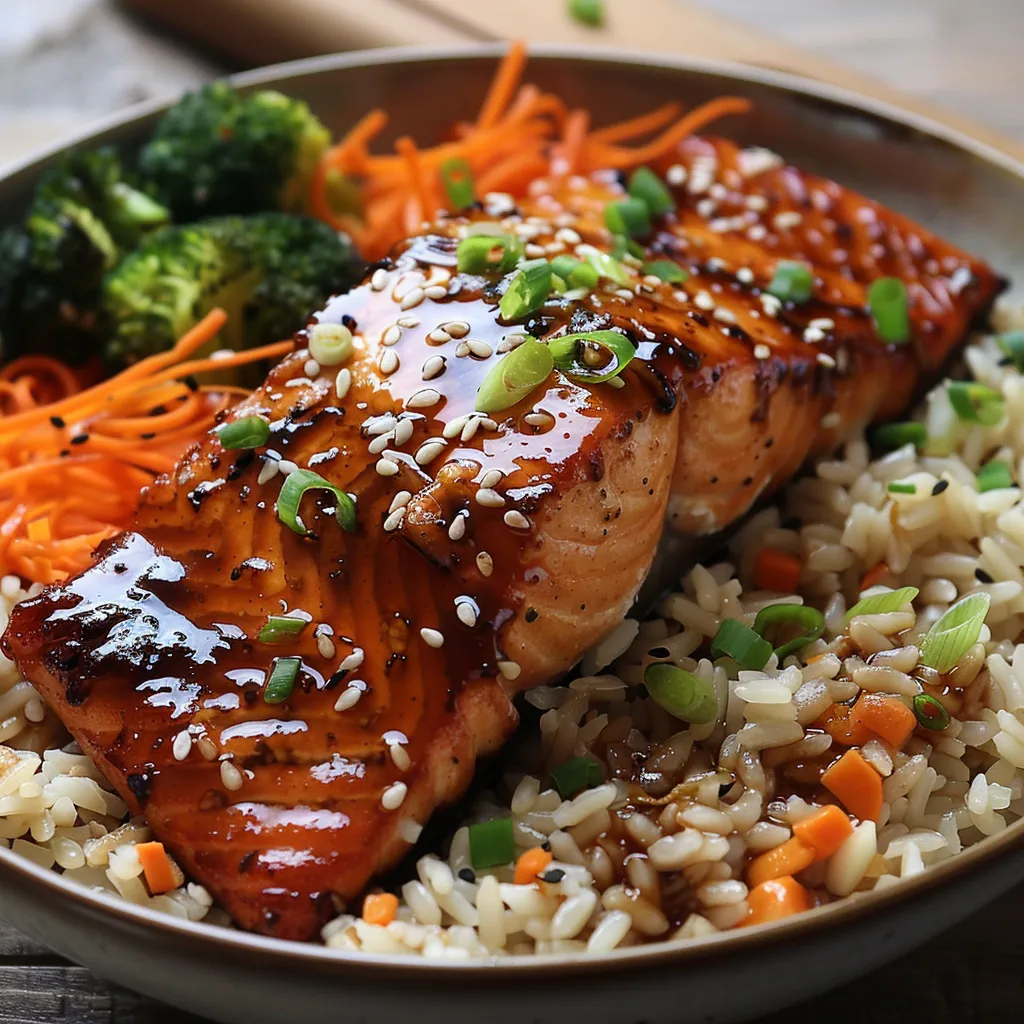 Side perspective of a delicious bowl filled with honey garlic salmon, vegetables, and sesame seeds.