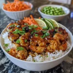 Close-up view of a Honey Garlic Shrimp Bowl with glistening shrimp and sauce.