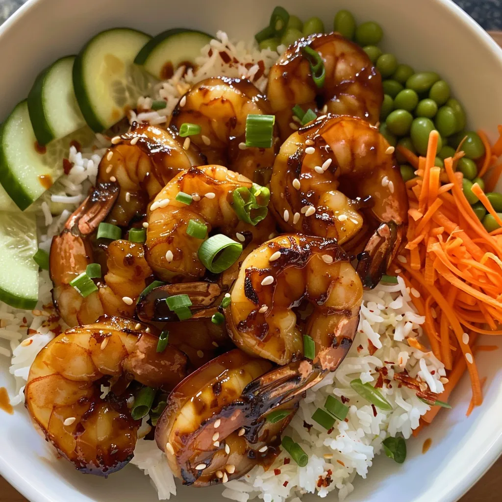 Side view of a vibrant Honey Garlic Shrimp Bowl garnished with herbs.