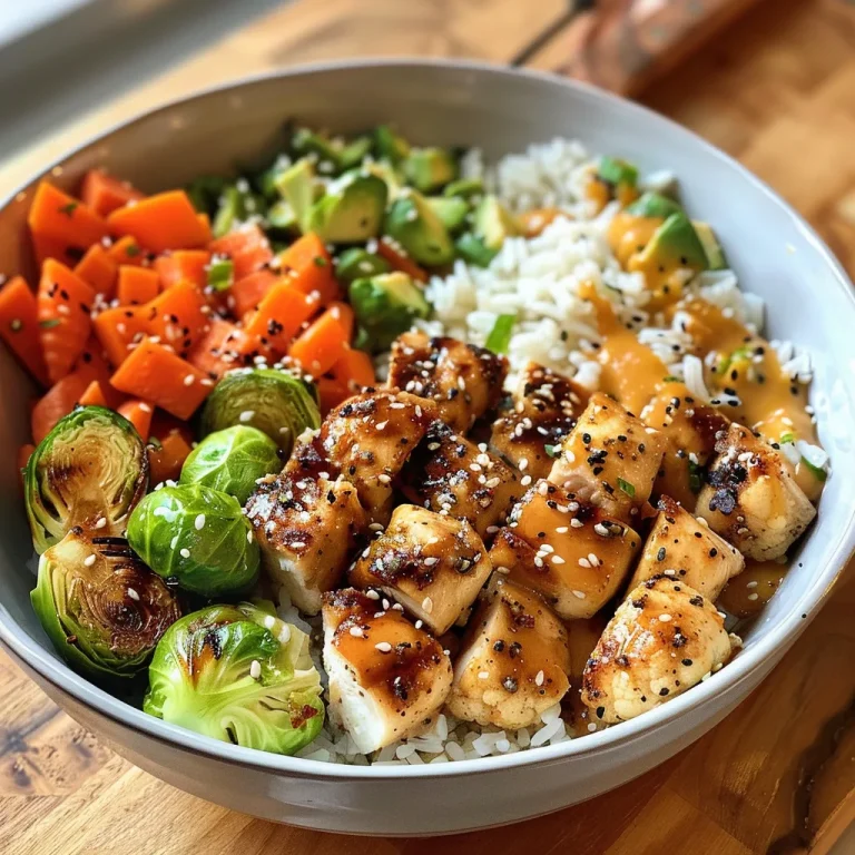 Close-up side view of a Honey Mustard Chicken and Rice Bowl with colorful vegetables.