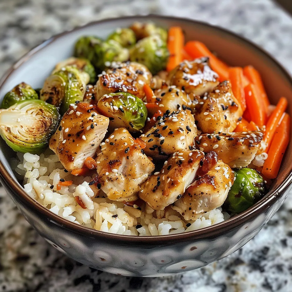 Juicy Honey Mustard Chicken served over rice with Brussels sprouts and carrots.