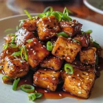 Close-up view of golden-brown honey soy baked tofu with green onion garnish.