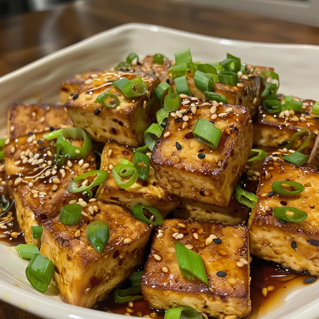 Juicy baked tofu glazed with honey and soy sauce, garnished with sliced green onions.