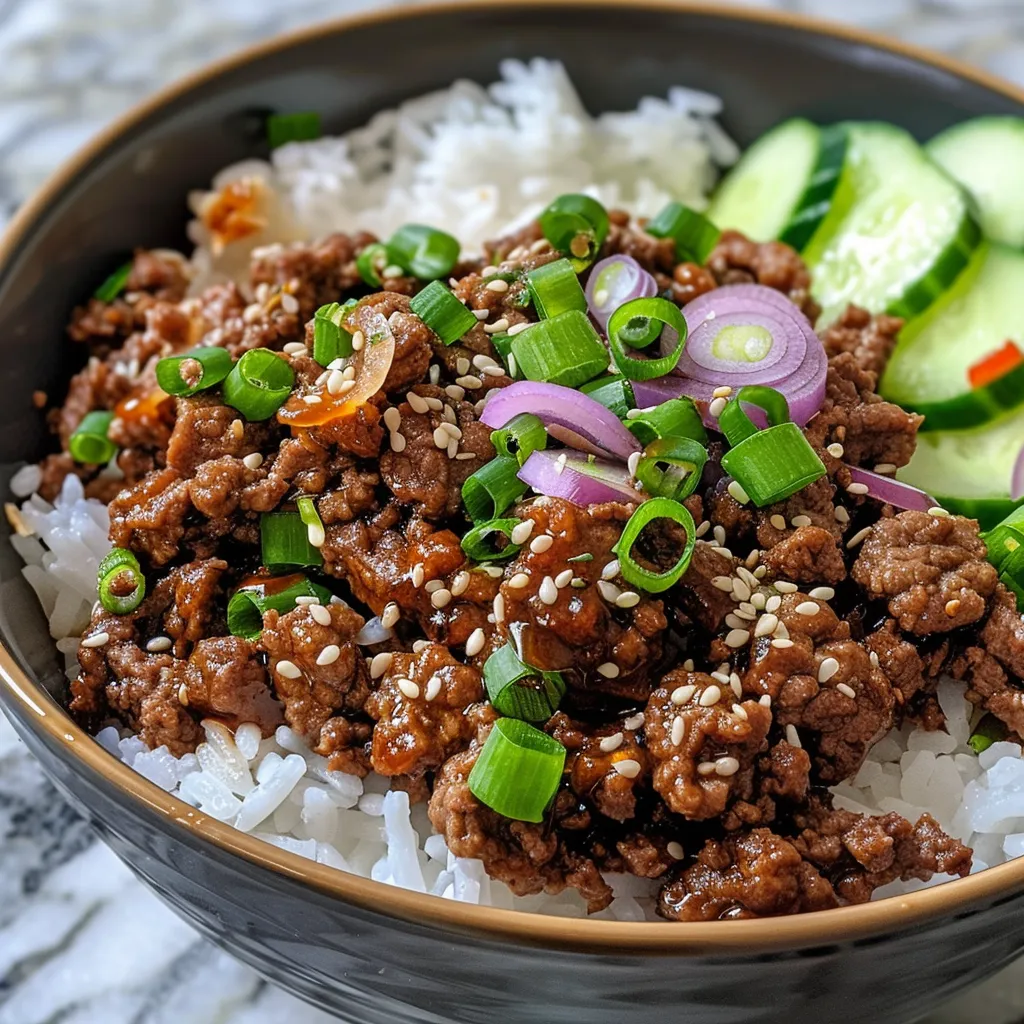 Juicy Hot Honey Beef Bowl featuring ground beef mixed with rice and garnished with green onions.