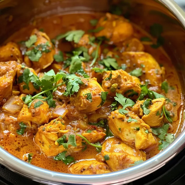 Close-up view of a bowl of Instant Pot Coconut Chicken Curry with garnished cilantro.