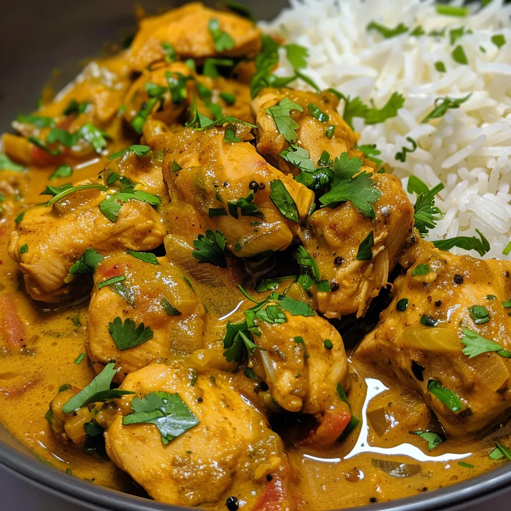 A vibrant dish of Coconut Chicken Curry featuring chunks of chicken in a creamy sauce.