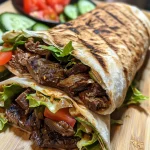 Close-up view of a juicy beef shawarma wrap filled with fresh vegetables.
