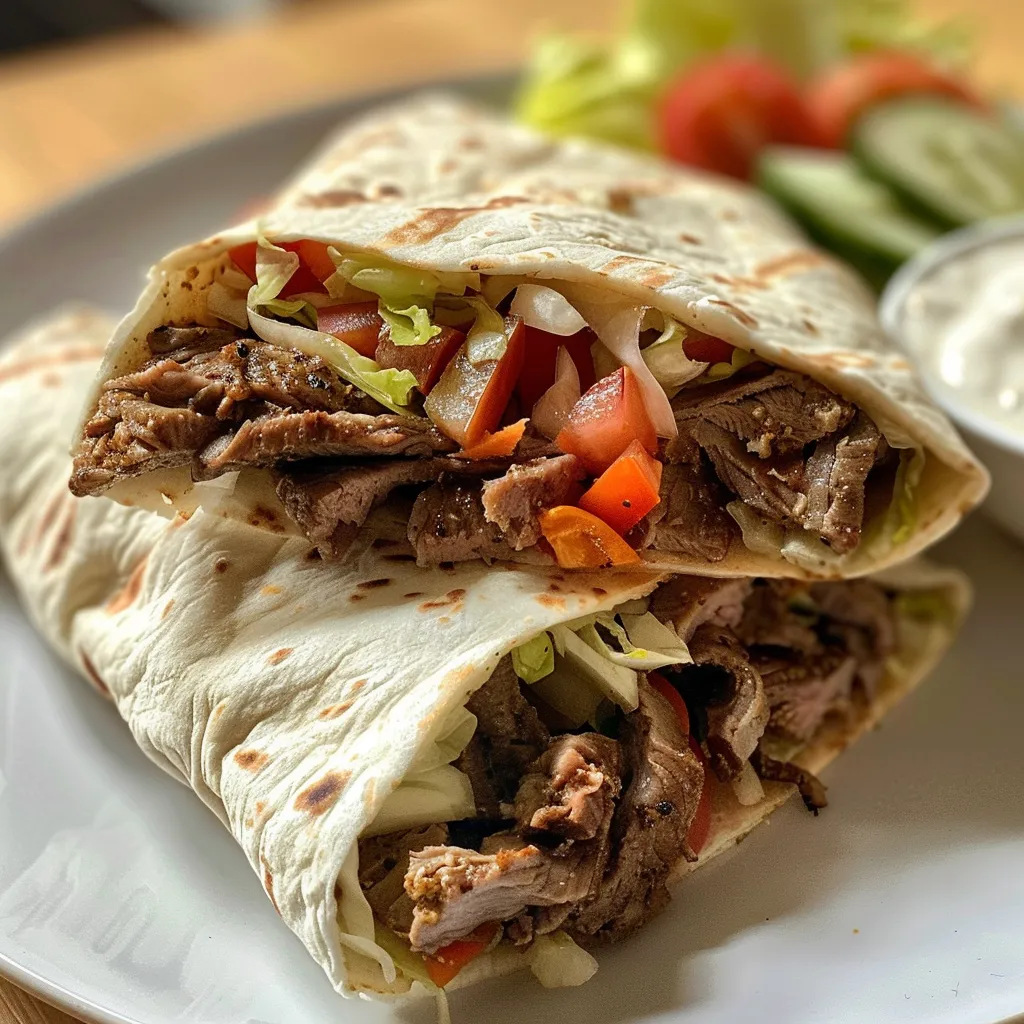 Side view of a flavorful beef shawarma wrap showcasing fresh ingredients and spices.