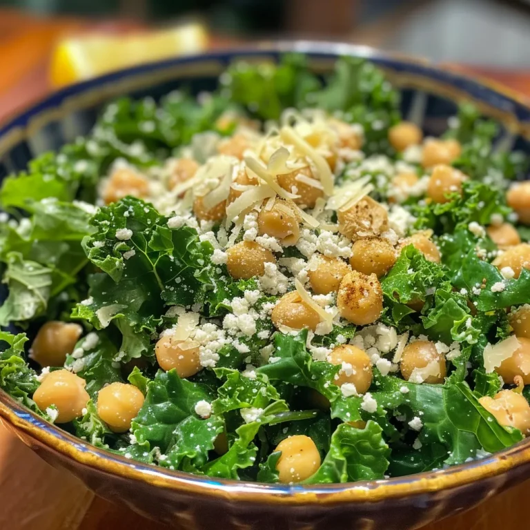 Close-up of a Kale Caesar Salad topped with crispy roasted chickpeas and croutons.