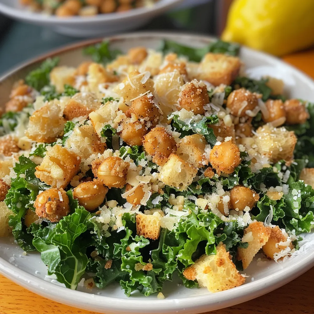 Side view of a vibrant Kale Caesar Salad featuring golden chickpeas and dressing.