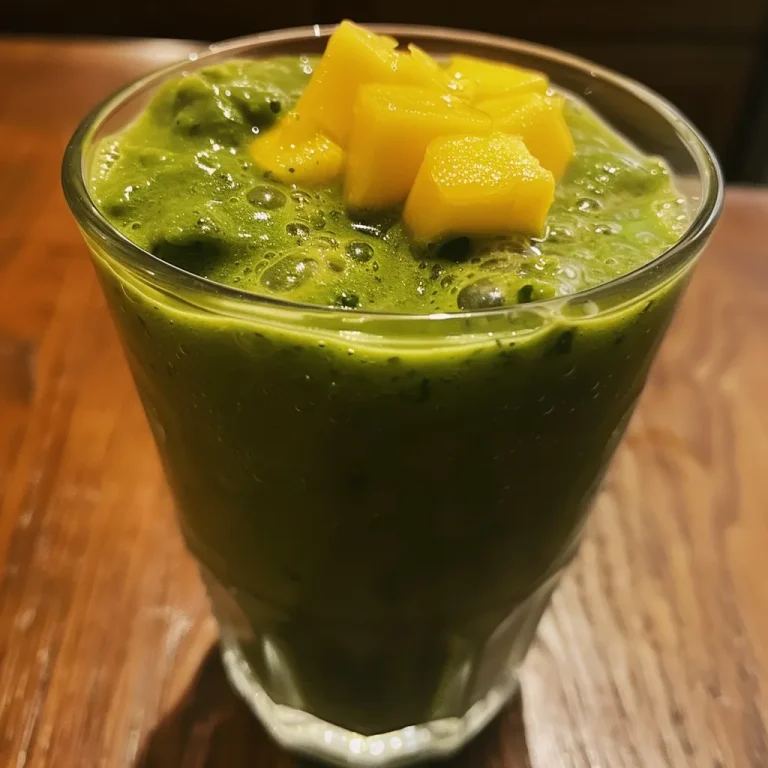 Close-up view of a vibrant green Kale Mango Smoothie in a glass, garnished with a slice of orange.