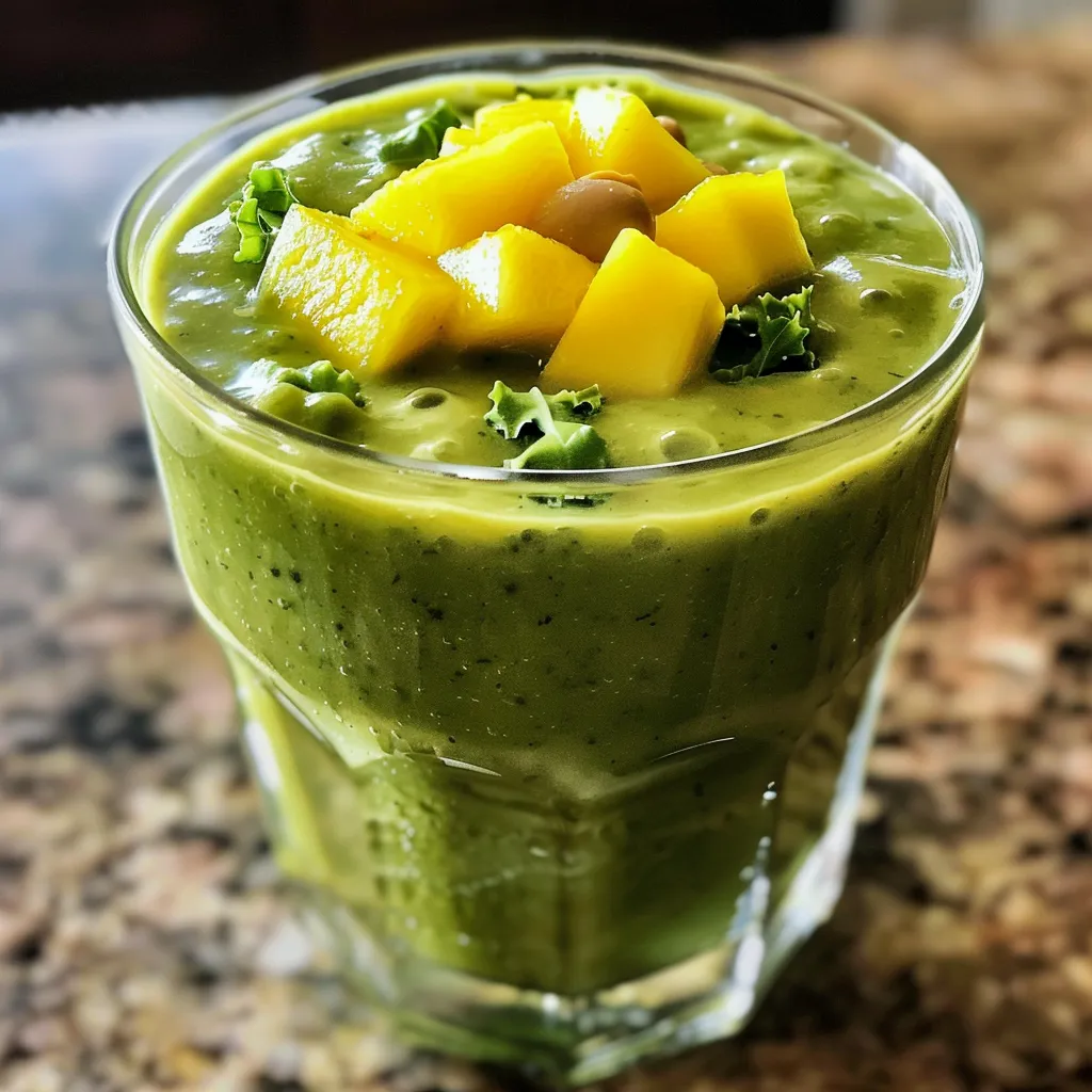Side view of a creamy smoothie with kale and mango chunks, displayed in a clear glass with fresh ingredients around.