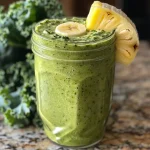 Close-up view of a vibrant green Kale Pineapple Smoothie in a glass with a straw.