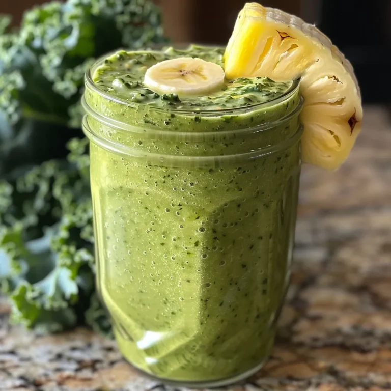 Close-up view of a vibrant green Kale Pineapple Smoothie in a glass with a straw.
