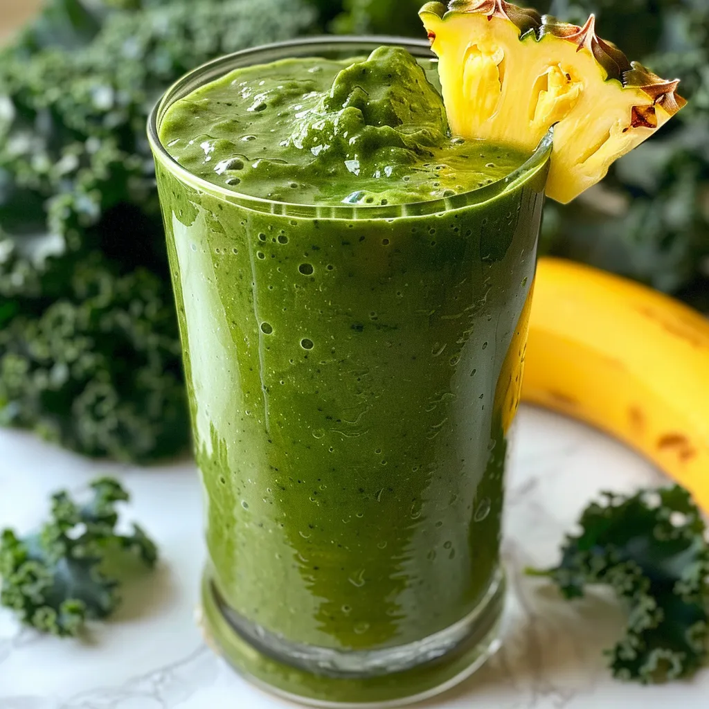 Side angle of a fresh Kale Pineapple Smoothie, showcasing its creamy texture.