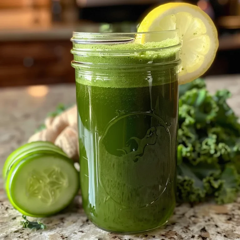 Close-up view of a vibrant green juice in a glass, with kale and spinach visible.