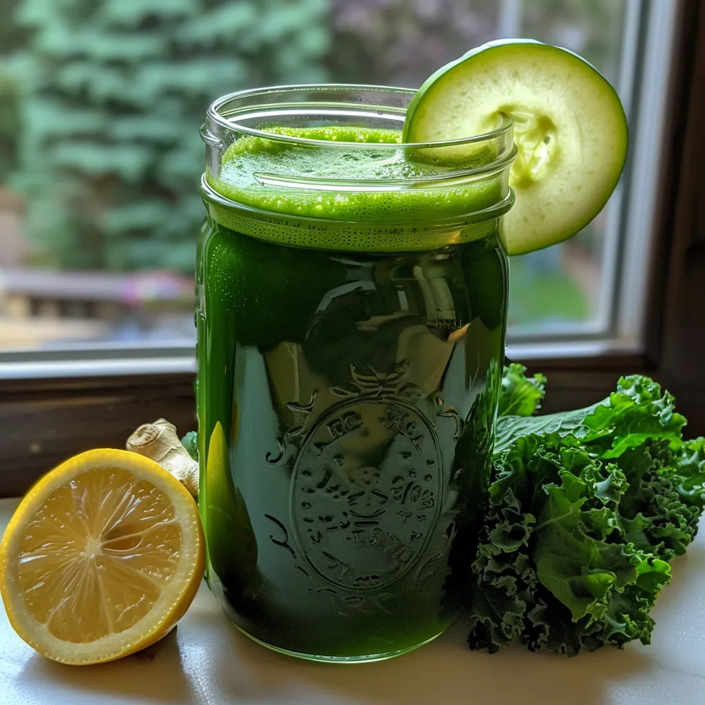A refreshing cleanse juice made from kale, spinach, and green apple in a glass on a light background.