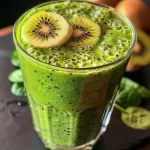 A refreshing green smoothie made with kiwi and spinach in a clear glass, garnished with mint leaves.