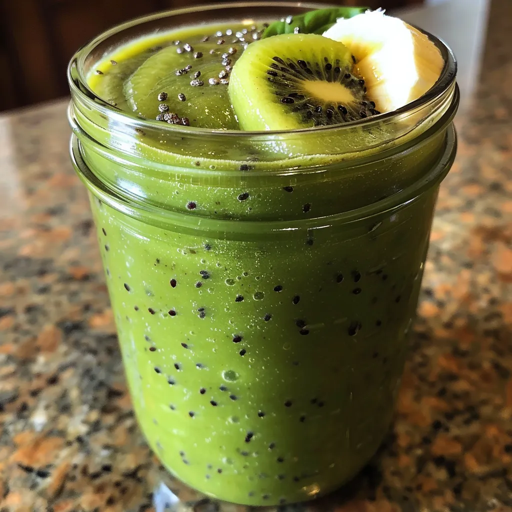 Close-up view of a vibrant kiwi spinach smoothie with ice, in a side profile shot.