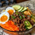 A close-up side view of a Korean beef bowl meal prep with vibrant ingredients layered neatly.