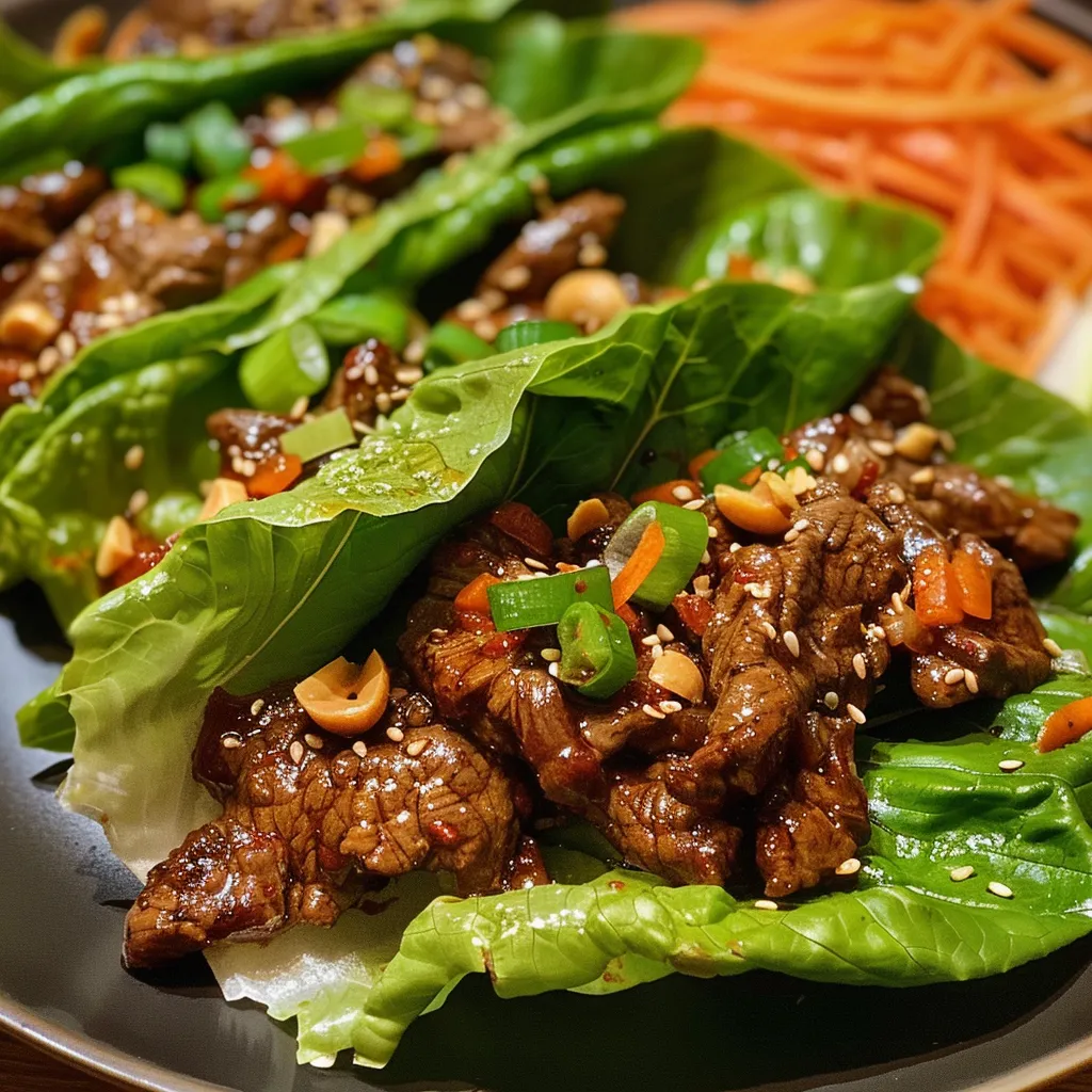 Juicy sliced beef wrapped in crisp lettuce leaves with garnishes.