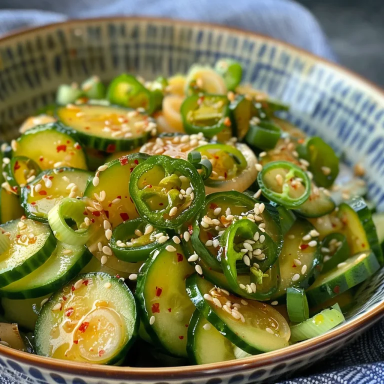 Close-up of a vibrant Korean cucumber salad with fresh vegetables and garnishes.