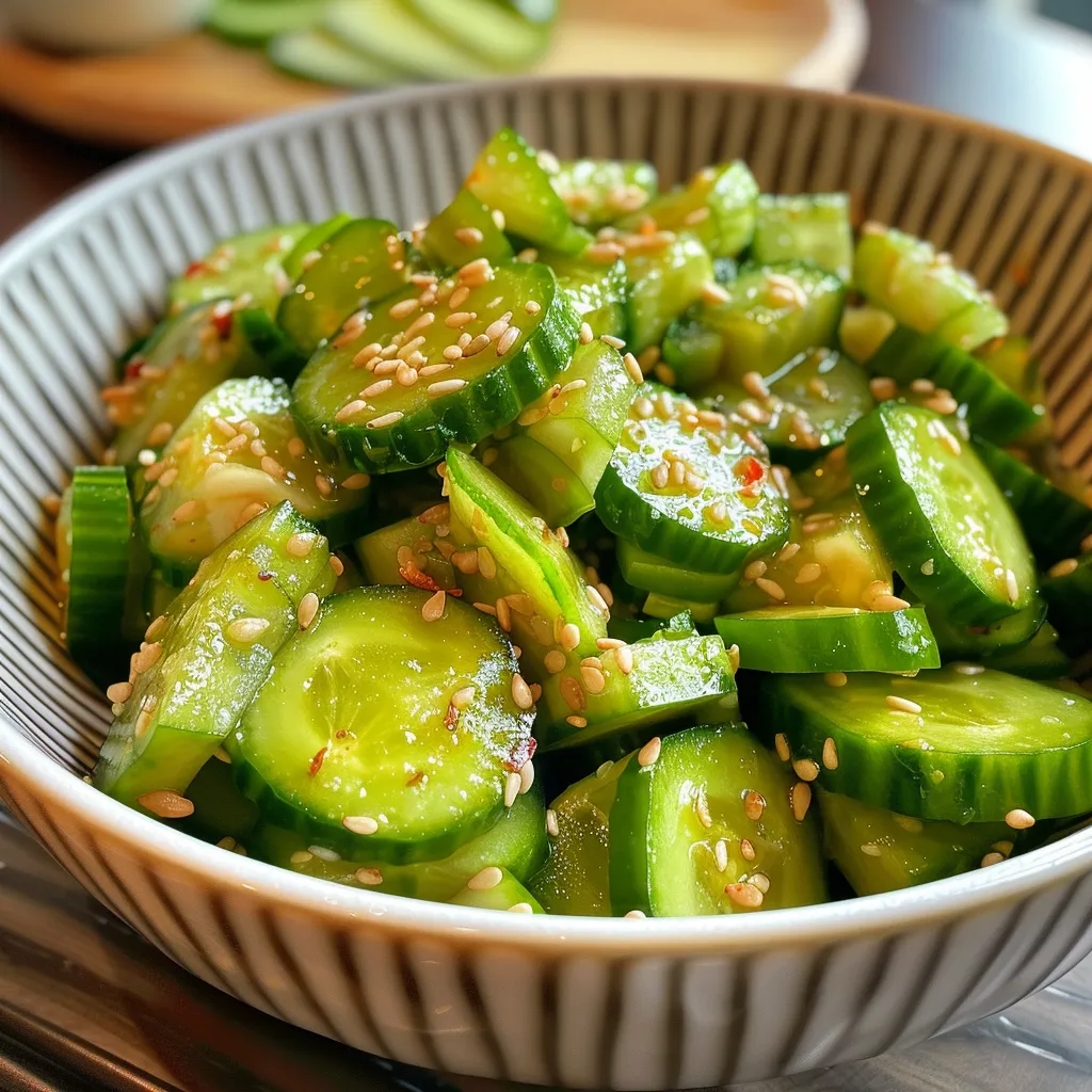 Side view of a colorful bowl filled with Korean cucumber salad featuring sliced cucumbers and herbs.