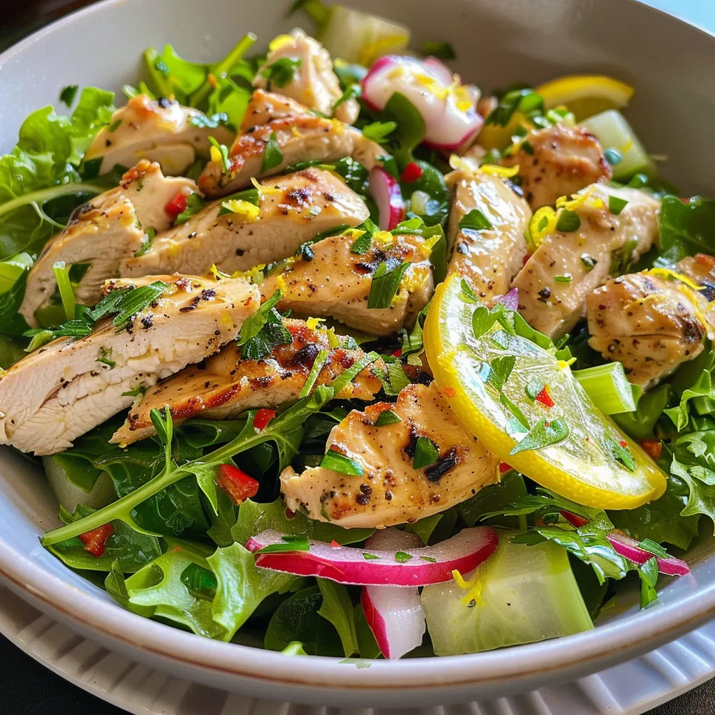Juicy Lemon Chicken Salad displayed in a bowl, showcasing its colorful ingredients.