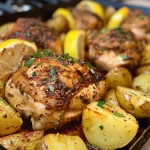 A close-up view of a Lemon Garlic Chicken Meal Prep Bowl with vibrant vegetables and chicken pieces.