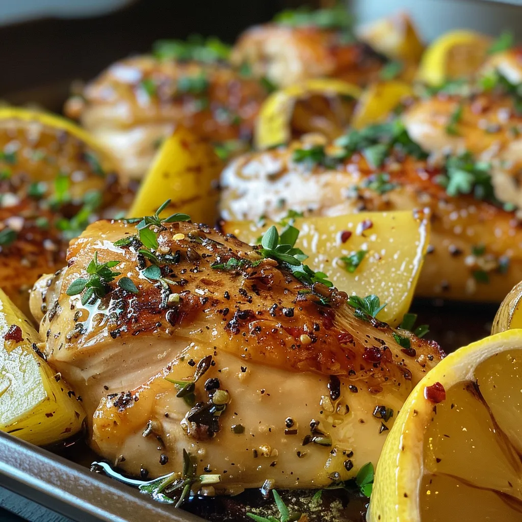 Juicy Lemon Garlic Chicken served in a meal prep bowl alongside yellow potatoes and zucchini.