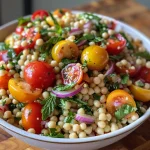 Close-up view of a vibrant Lemon Herb Couscous Salad showcasing fresh vegetables and herbs.