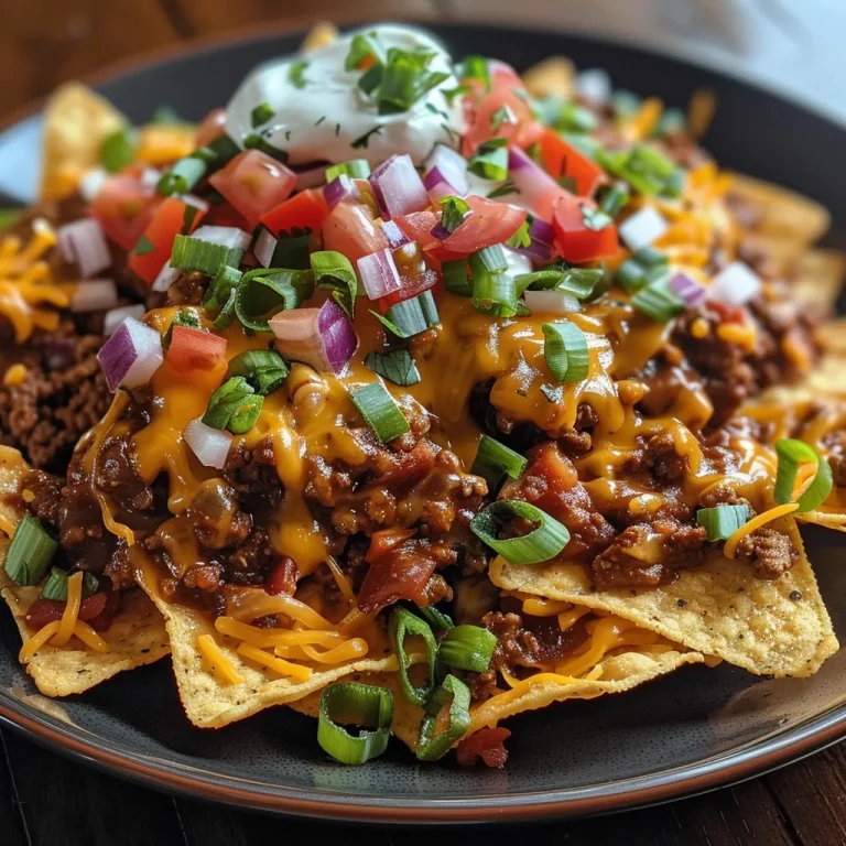 Close-up view of a loaded nacho platter topped with chili con carne, cheese, and sour cream.