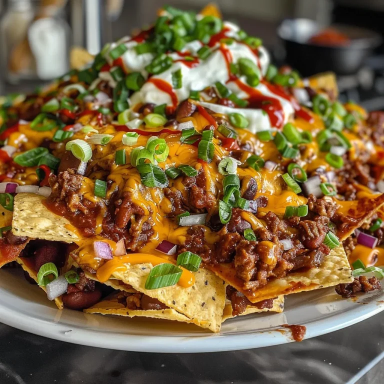 Close-up of a loaded nacho platter topped with chili con carne, cheese, and toppings.
