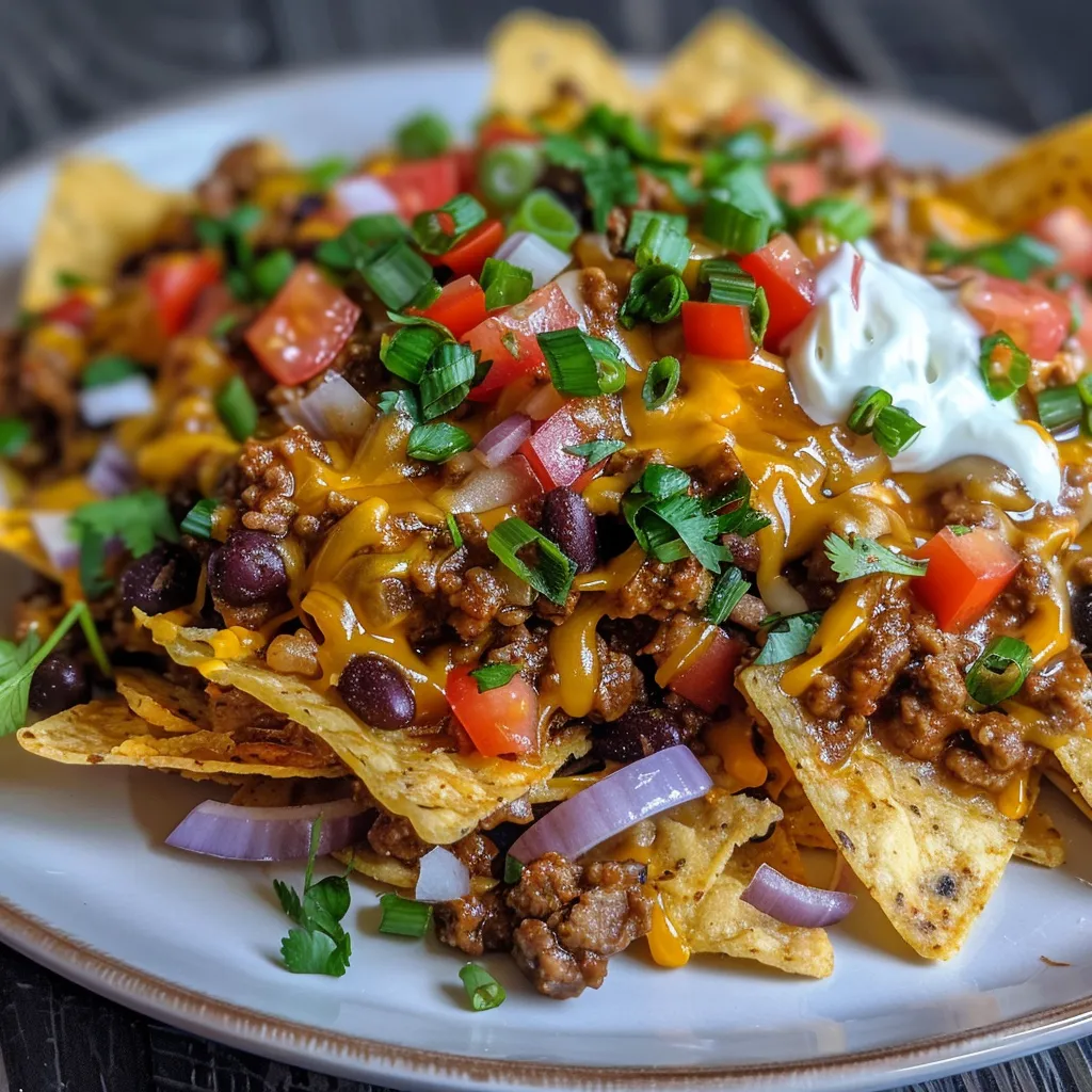 A side view of a vibrant nacho dish with tortilla chips, melted cheese, and sour cream.