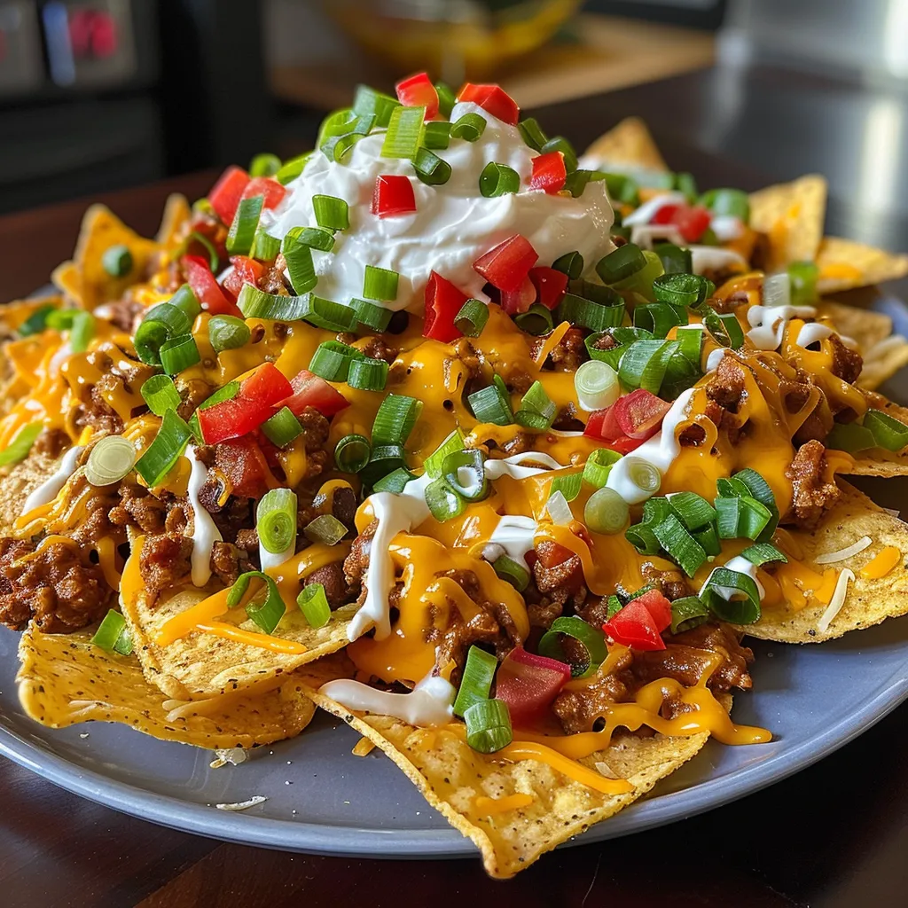 Side shot of a vibrant nacho dish with crispy tortilla chips, melted cheese, and chili con carne.
