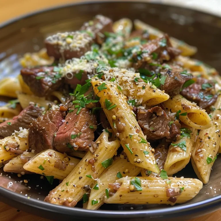 A close-up photo of a bowl of creamy garlic beef penne pasta with fresh parsley on top.