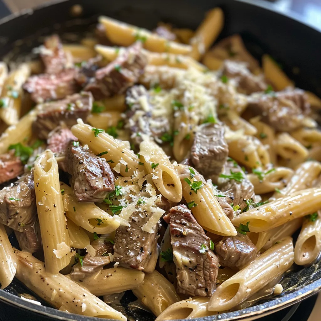 Juicy beef slices mixed with low carb penne pasta in a creamy garlic sauce.