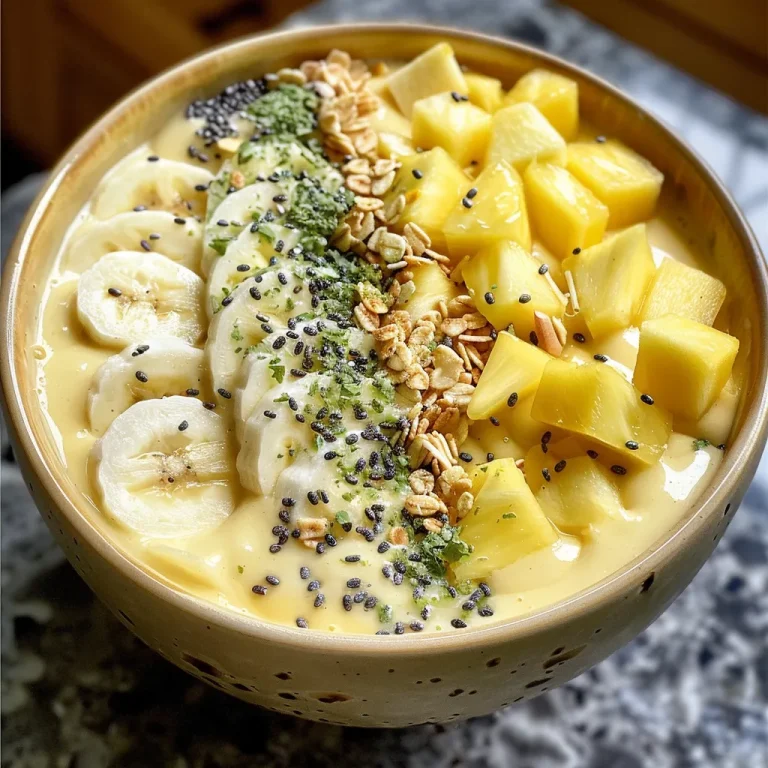 Close-up of a vibrant Mango Pineapple Smoothie Bowl topped with fresh mango and granola.