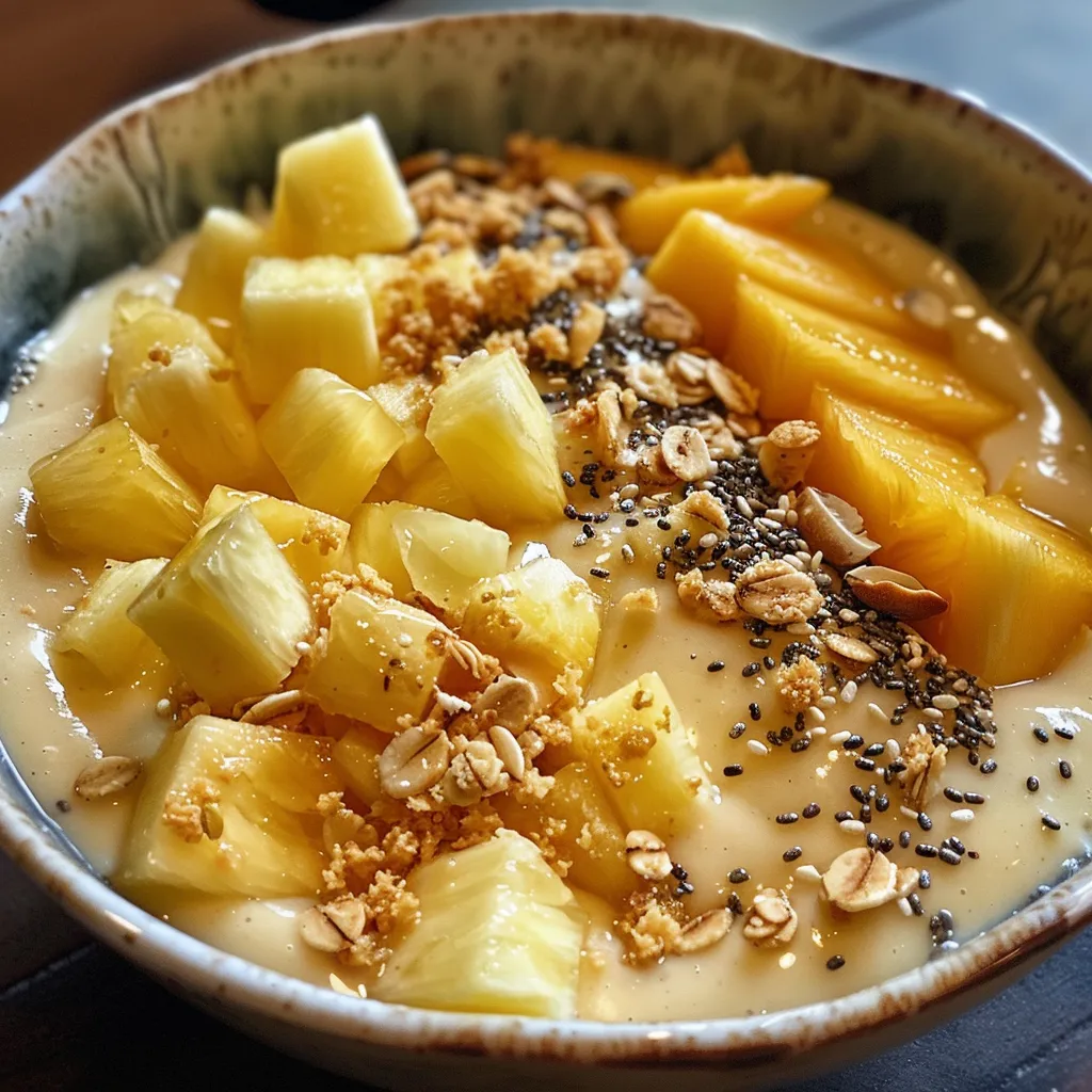 Side view of a delicious smoothie bowl featuring mango and pineapple, garnished with chia seeds and coconut flakes.