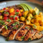 Close-up view of Mango Salsa Chicken with vibrant colors from diced mango and bell pepper.