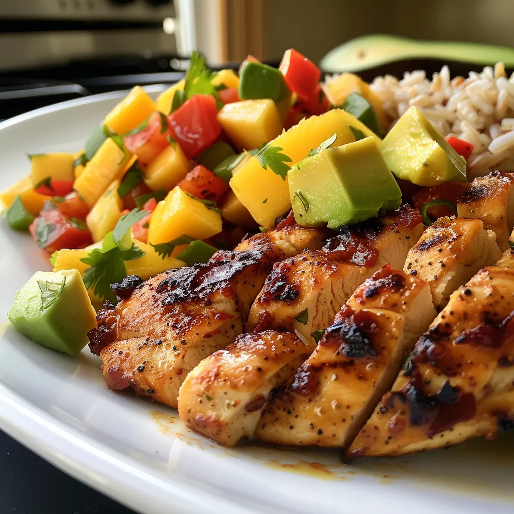 Juicy chicken fillet topped with fresh mango salsa, featuring bright red and yellow ingredients.