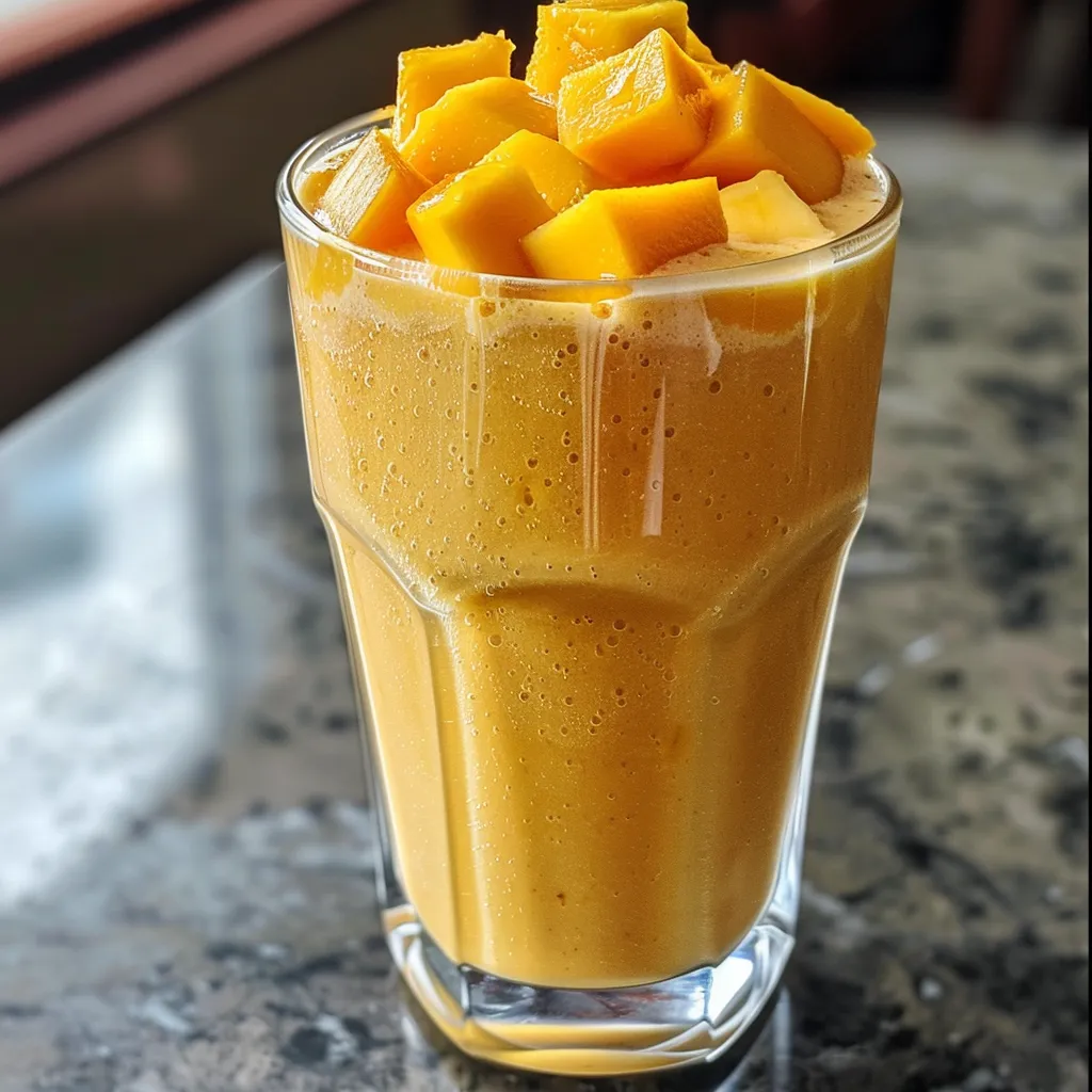 Side view of a refreshing mango smoothie garnished with a slice of fresh mango and mint leaves.