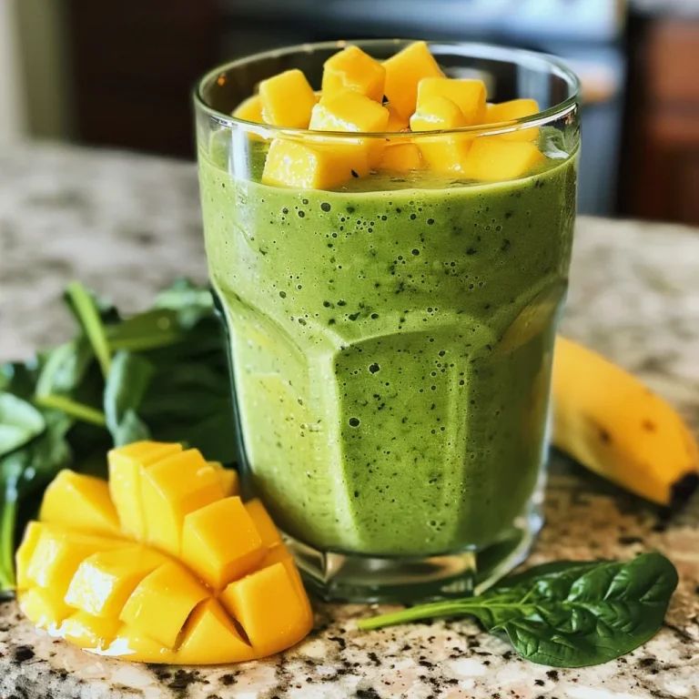 Close-up of a vibrant green smoothie with mango and spinach in a clear glass.