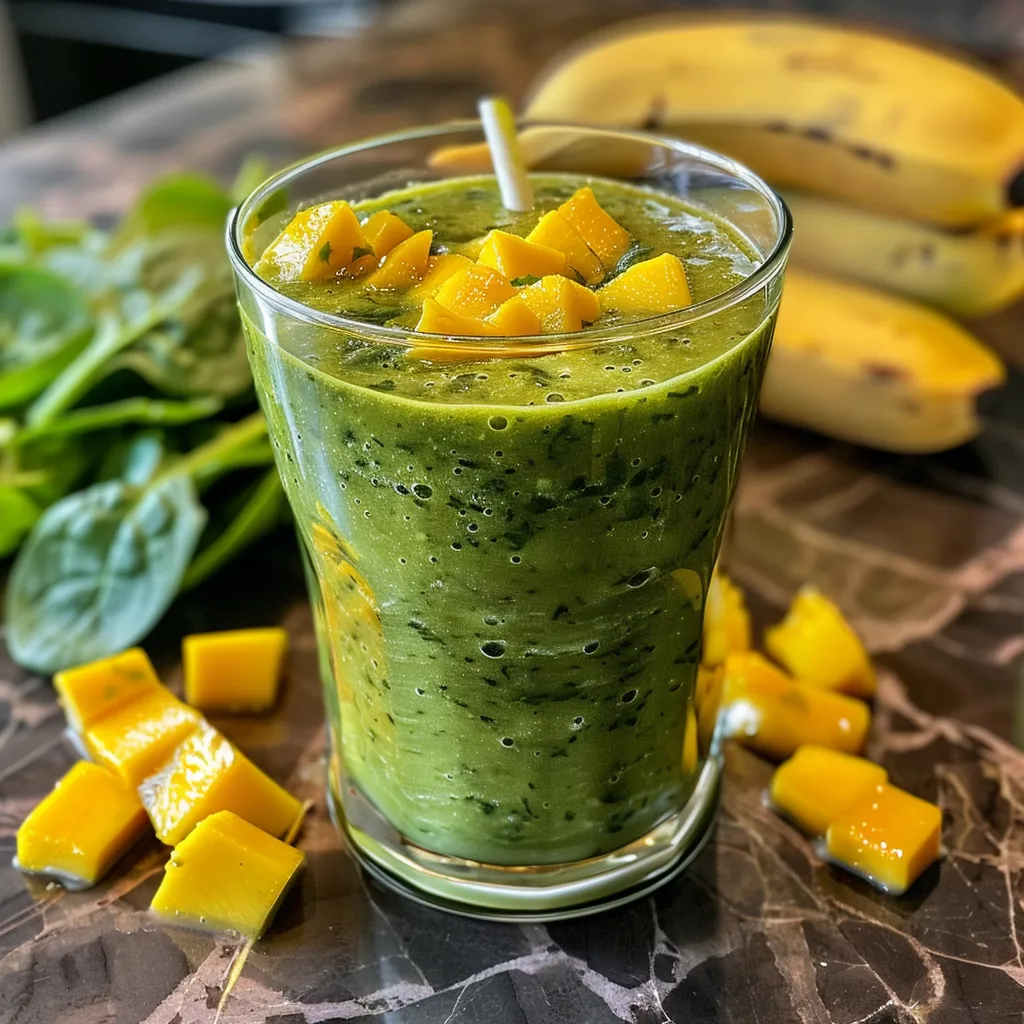Juicy mango spinach smoothie served in a glass on a wooden table.