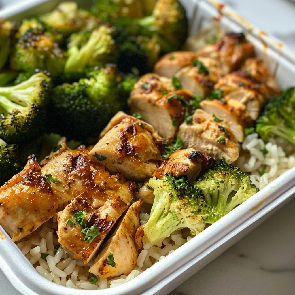 Side view of a healthy meal prep dish featuring chicken, jasmine rice, and steamed broccoli.