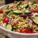 Close-up of Mediterranean Orzo Pasta Salad with vibrant vegetables and feta.
