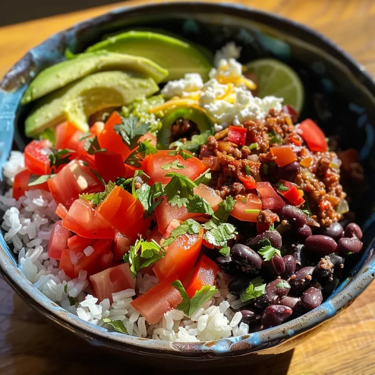A close-up view of a vibrant Mexican Burrito Dinner Bowl with various fresh ingredients.