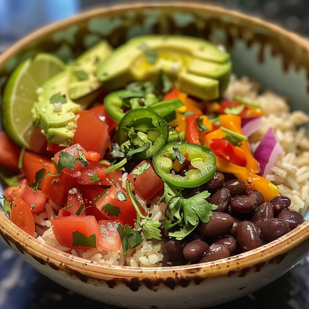 Side view of a colorful Burrito Bowl filled with rice, beans, avocado, and cheese.